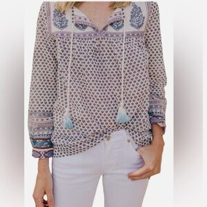 J Crew Point Sur Indian Block Print Peasant Cotton Red Blue Boho 70’s Top SZ 6